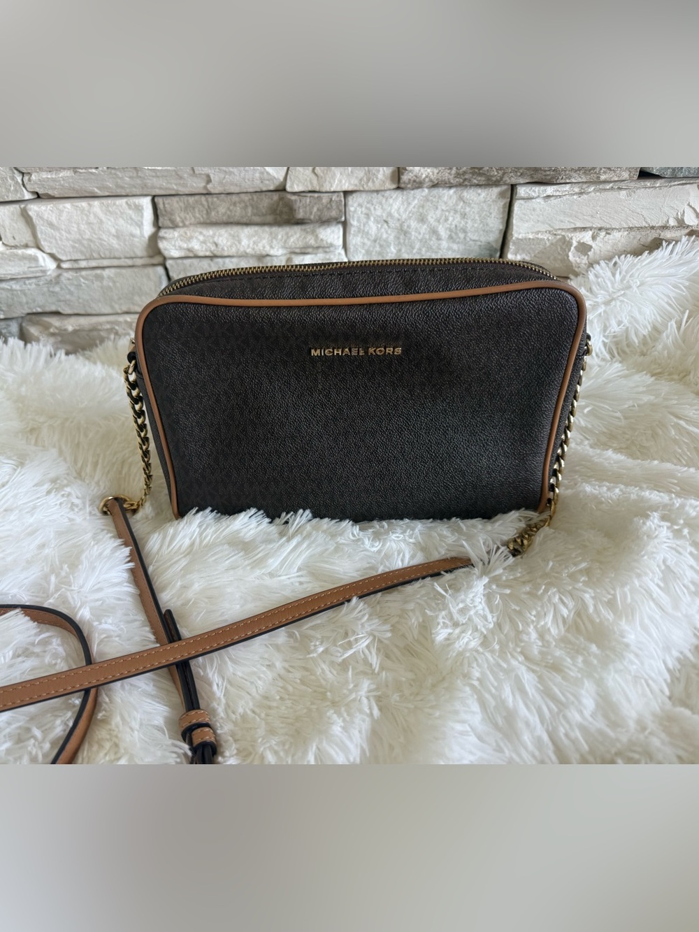 Michael Kors Dark Brown Crossbody with Tan Trim
